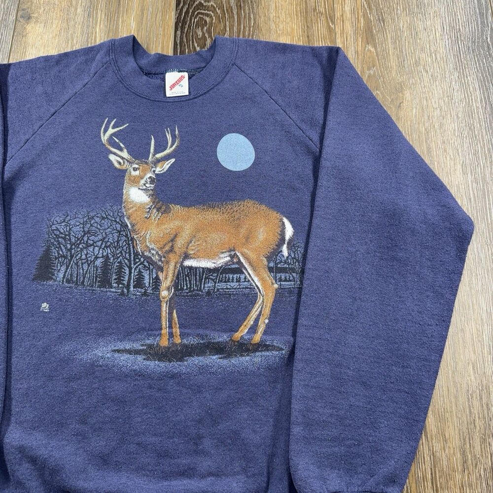 Vintage Deer Sweatshirt Mens XL Navy Blue Buck Bow Hunting Up North Moon 80s USA